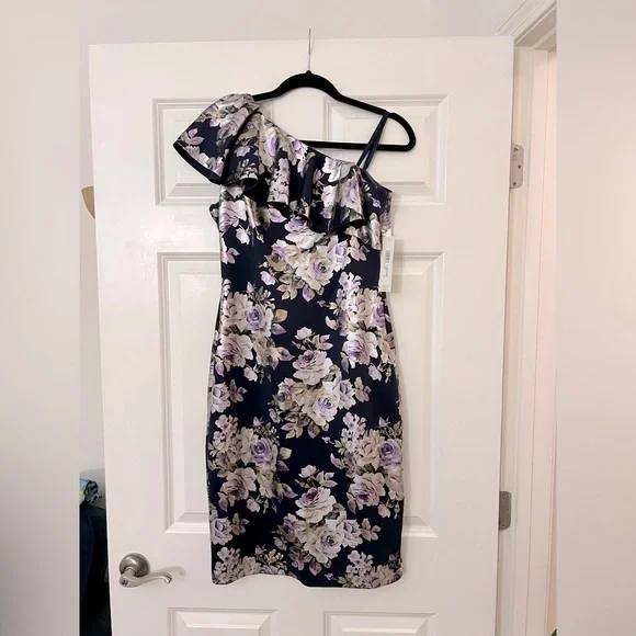 eliza j one shoulder floral dress Eliza J Abstract Floral One-Shoulder Satin Sheath Dress - Yellow